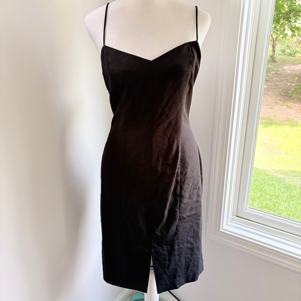 L'AGENCE Black Sheath Dress Size 6 Minimalist Spaghetti Strap Slit Pockets LBD